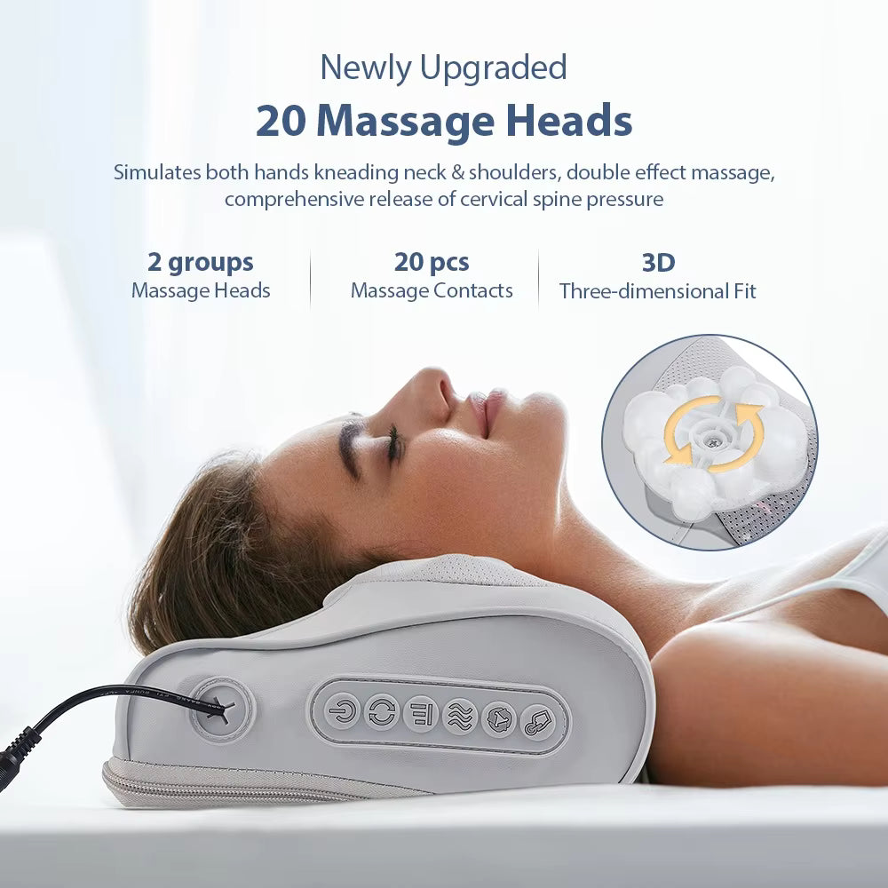 Electric Massage Pillow – Multi-Purpose Neck, Shoulder & Back Kneading Cushion with 20 Massage Heads